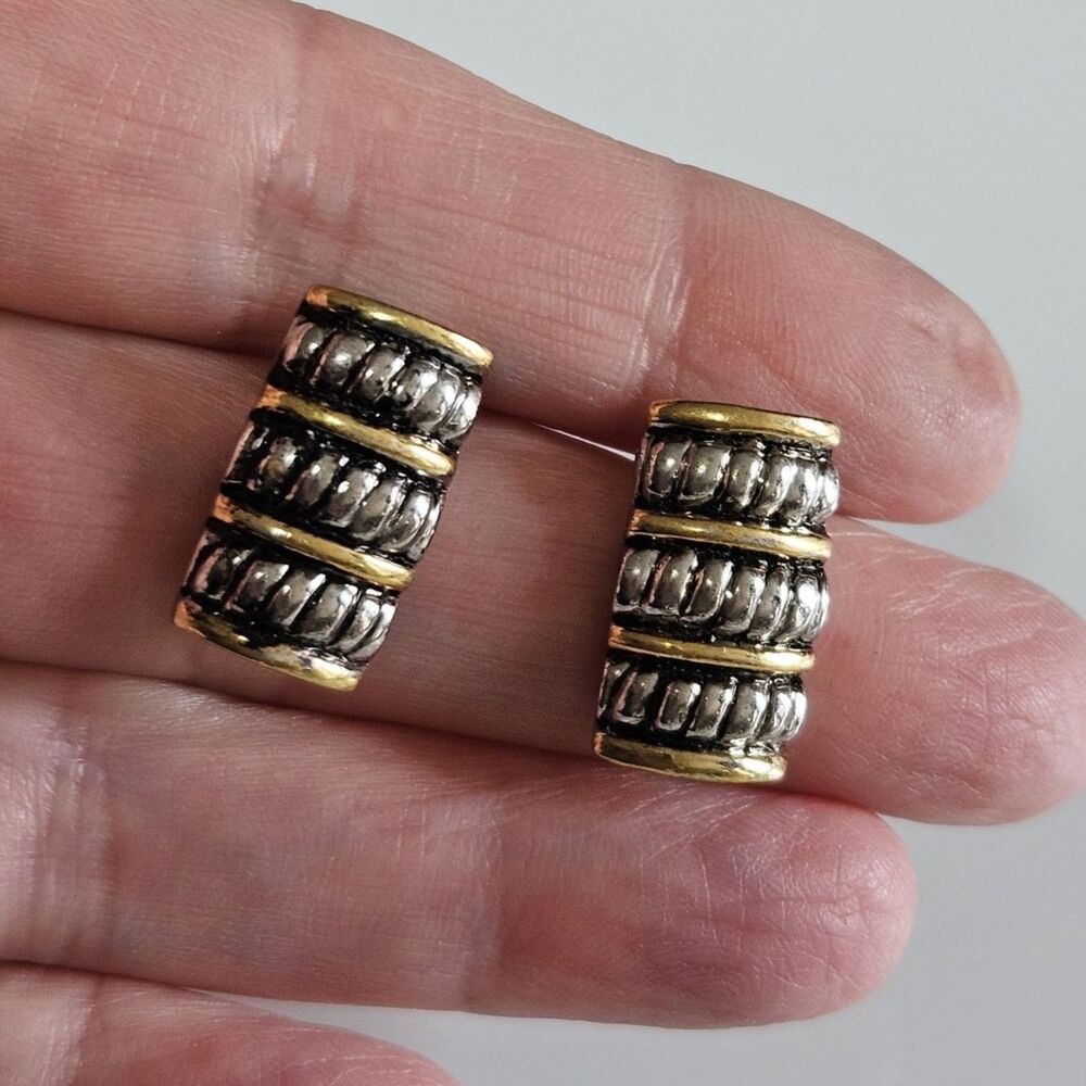 Vintage Silver Tone Gold Plated Metal Bar Barrel Stud Earrings Chunky